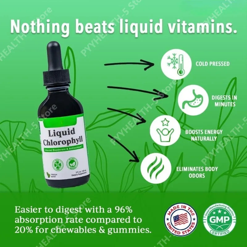 Liquid Chlorophyll Drops - Internal Deodorizer, Liver Detox, Immune Support, Promote Collagen for Hair & Skin, Stop Bad Breath